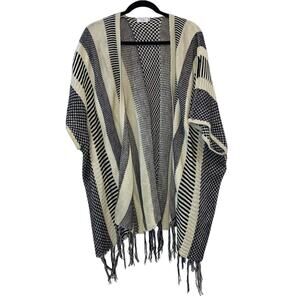 Tobi Cream & Black Patterned Open Cardigan with Fringe